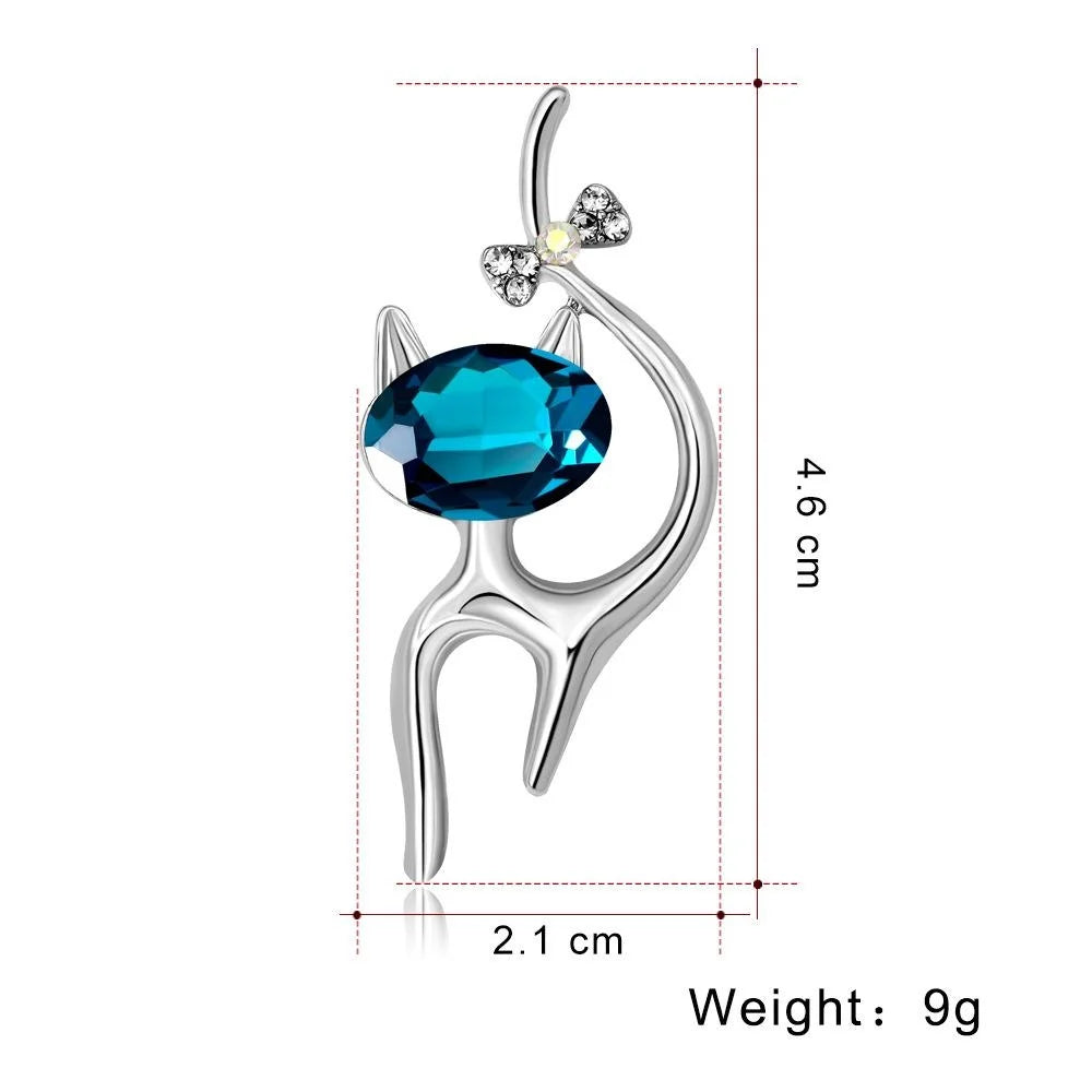 Elegant Rhinestone Cat Brooch With Blue Crystal, Alloy Lapel Pin Corsage For Scarf Suit Gift