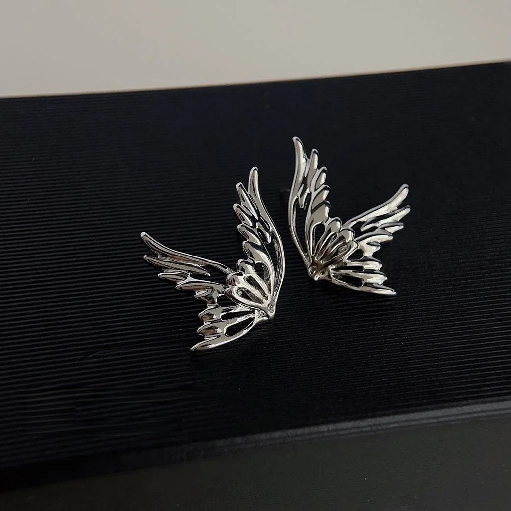 Silver Tone Copper Hollow Elf Wing Butterfly Stud Earrings, Cool Minimalist Fashion Jewelry