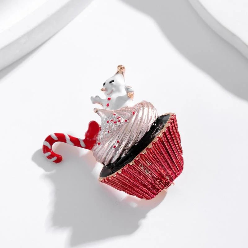 Cute Enamel Christmas Cupcake Snowman Candy Cane Brooch With Rhinestones, Festive Lapel Pin Corsage Gift