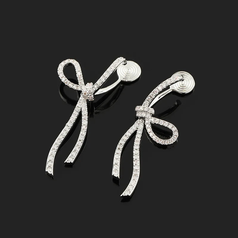 Luxury Rhinestone Bow Drop Stud & Clip On No Piercing Earrings For Women Elegant Alloy Ribbon Earrings