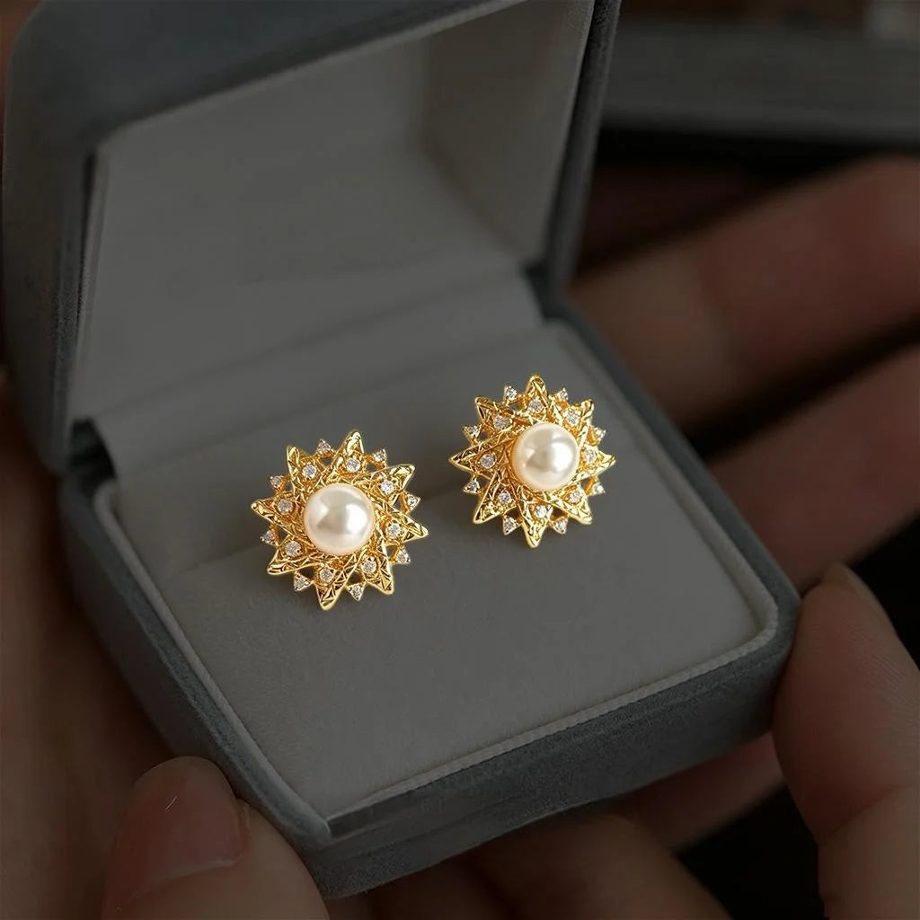 High Luster Pearl And Zircon Sun Geometric Micro Pave Stud Earrings Light Luxury Jewelry