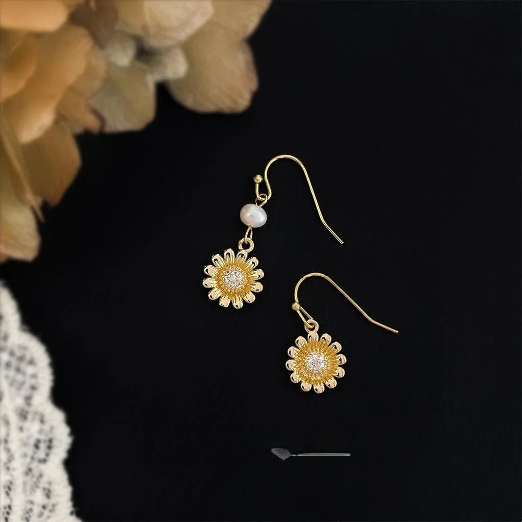 Vintage Asymmetric Daisy Freshwater Pearl Copper Drop Earrings For Women Floral Petal Jewelry
