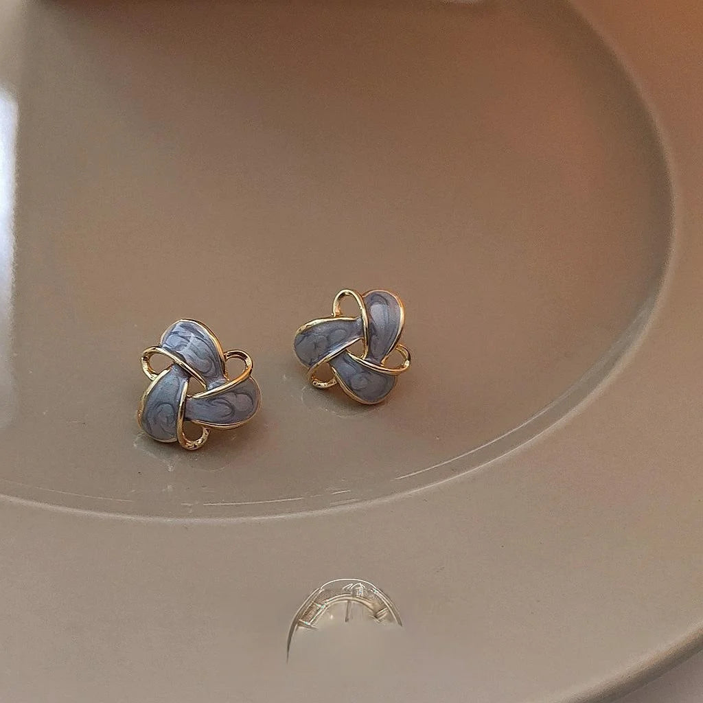14K Gold Plated Copper Geometric Enamel Hollow Stud Earrings For Women Korean Fashion