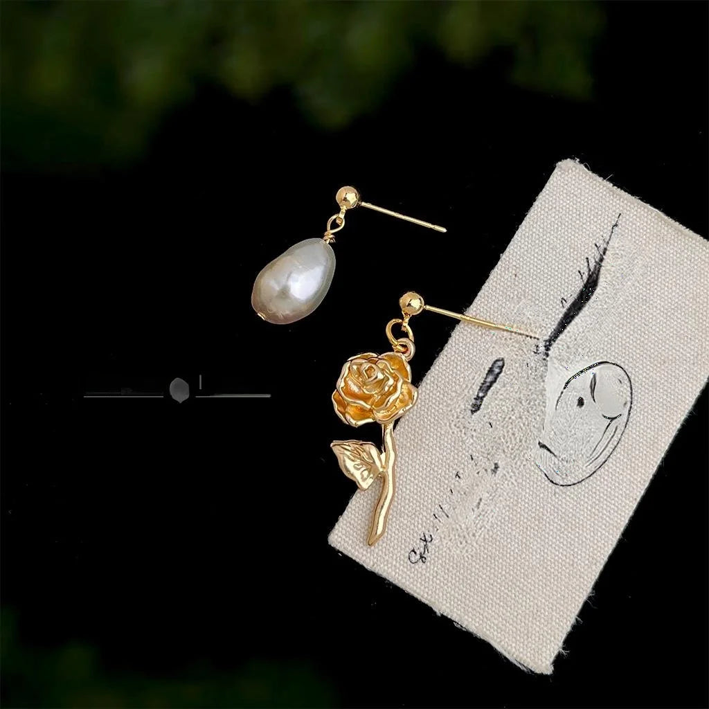 Baroque Freshwater Pearl Rose Flower Stud Earrings, Asymmetric French Vintage Copper