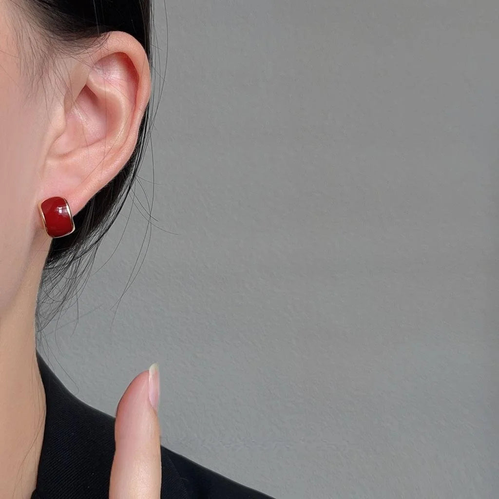 Hong Kong Style Vintage Burgundy Enamel Oval Copper 14K Plated Stud Earrings