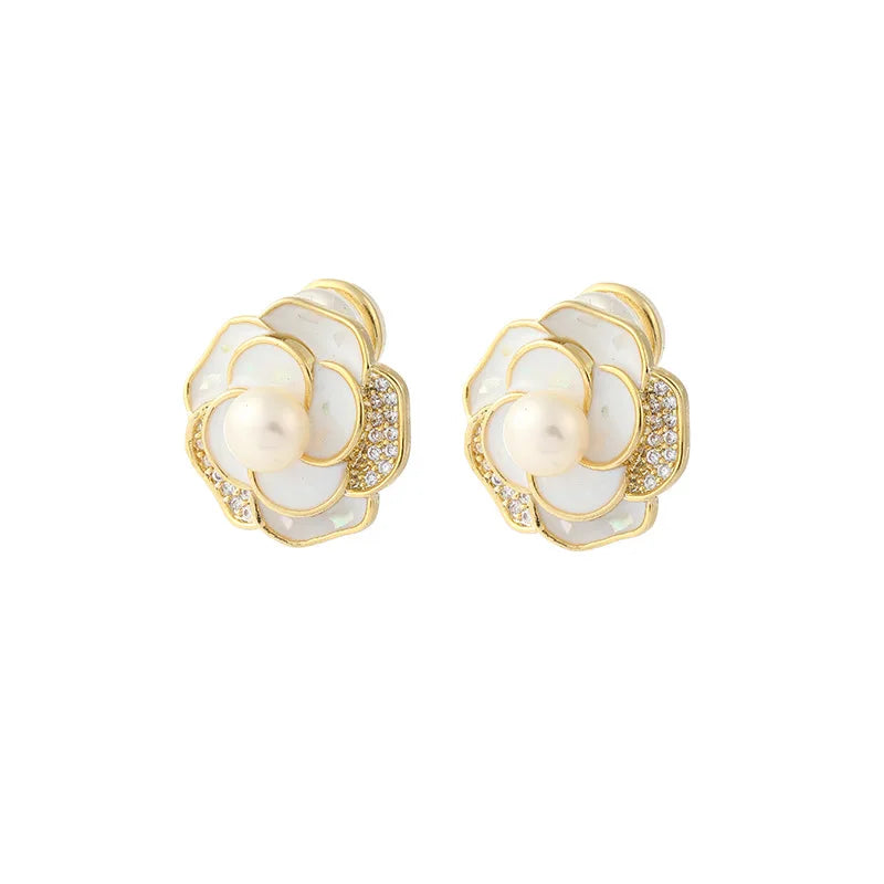 Elegant Luxury White Camellia Flower Pearl Enamel Rhinestone Stud & Clip On No Piercing Earrings