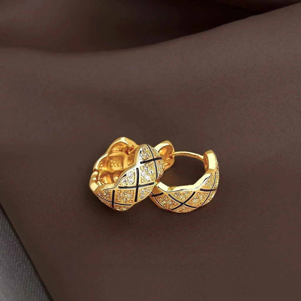 French Vintage Micro Pave Zircon Enamel Copper C-Shaped Geometric Hoop Earrings for Women