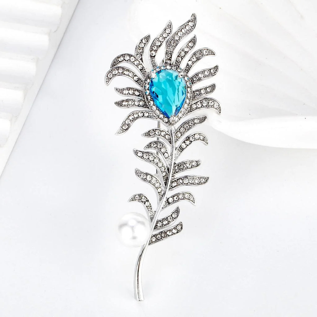 Elegant Crystal Rhinestone Leaf Brooch With Blue Teardrop Gem And Pearl, Luxury Lapel Pin Corsage Gift