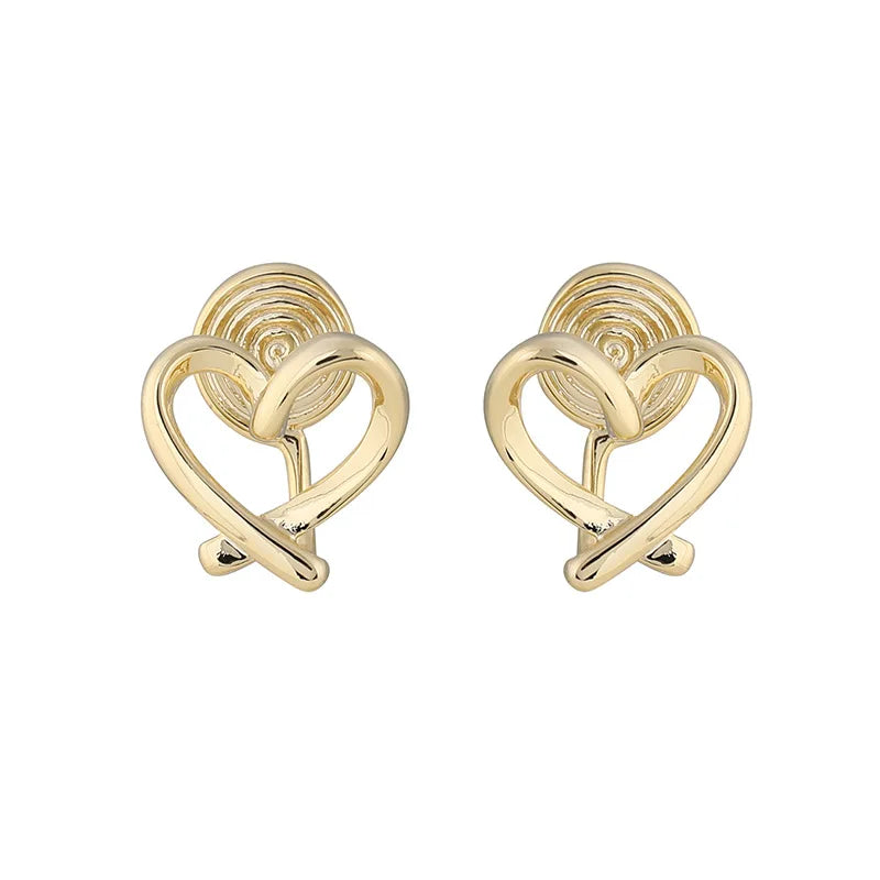Elegant Gold Alloy Open Heart Spiral Stud & Clip On No Piercing Commuter Minimalist Earrings