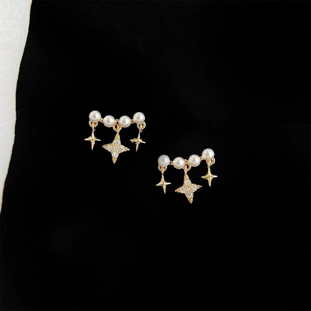 Versatile Copper Zircon Meteor Arc Stud Earrings With Pearl Star Smile Design