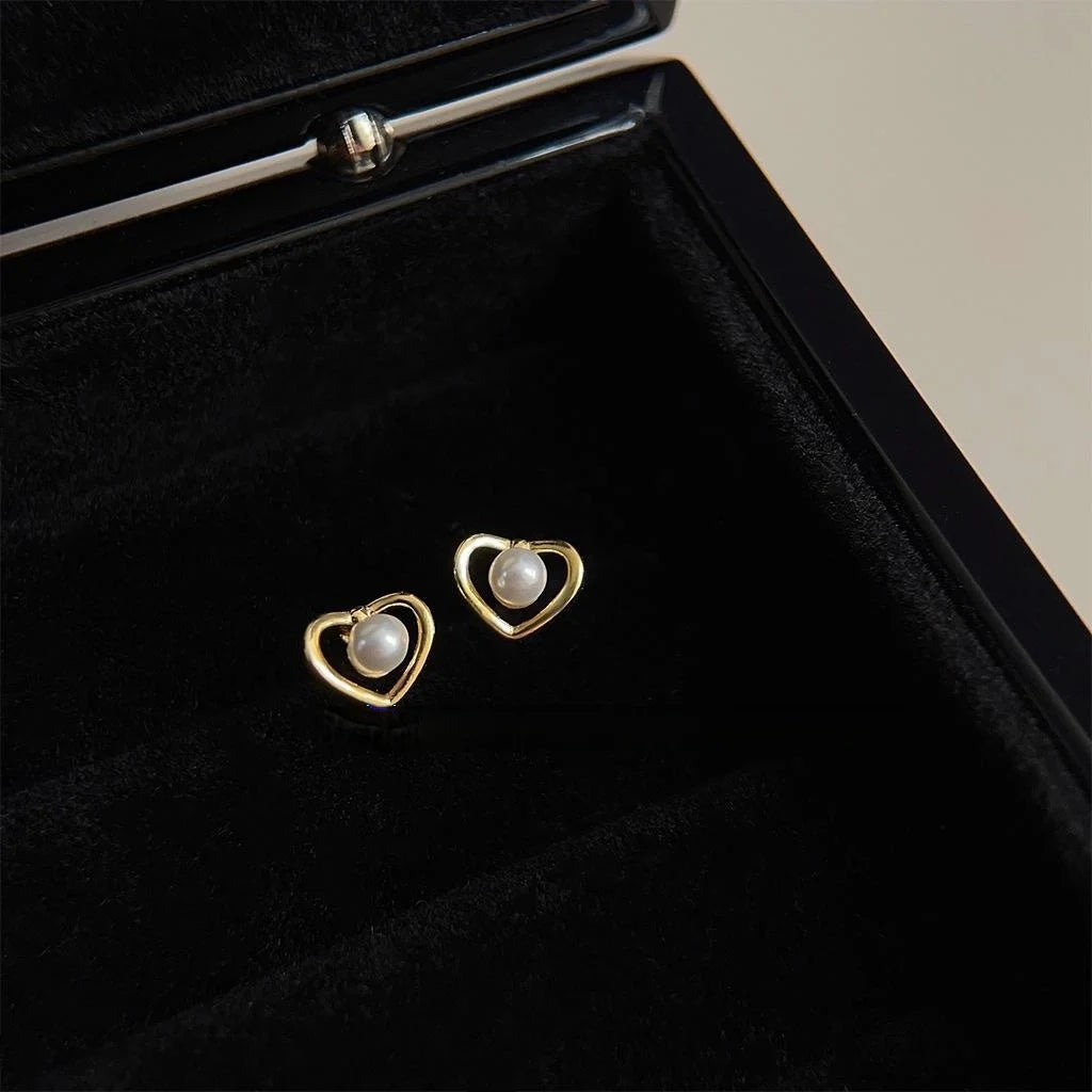 Minimalist Hollow Heart Pearl Stud Earrings With High Luster Pearl And Silver Plated