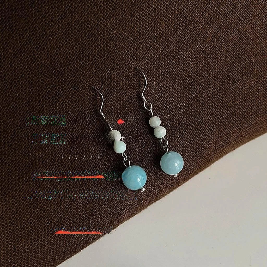 Original Design Copper Blue Natural Stone Geometric Tassel Drop Earrings New Chinese Style