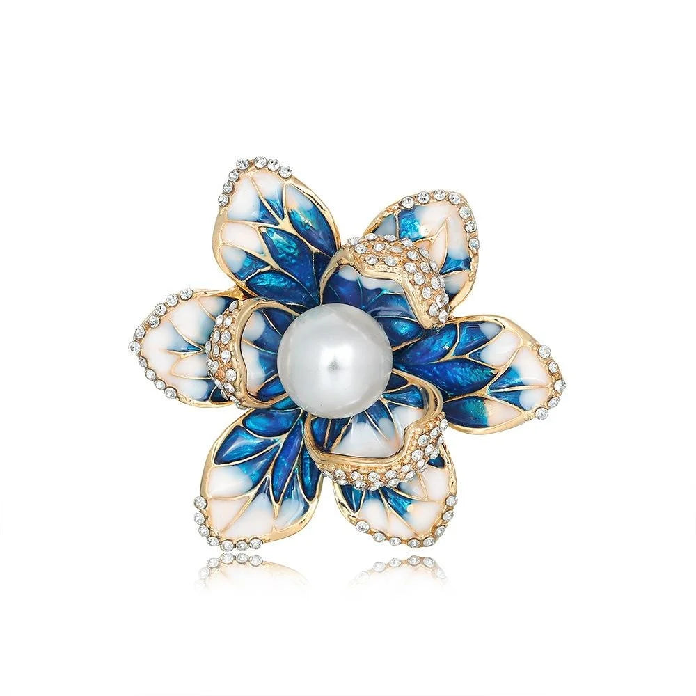 Elegant Pink Enamel Begonia Flower Brooch With Faux Pearl And Rhinestones, Floral Lapel Pin Gift