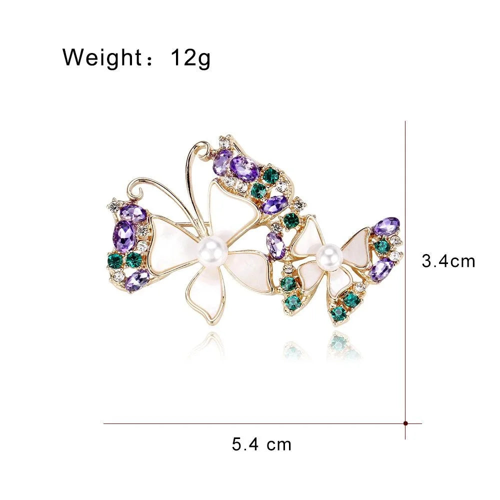 Elegant Double Butterfly Mother Of Pearl Rhinestone Brooch, Gold Alloy Lapel Pin Corsage Gift For Women