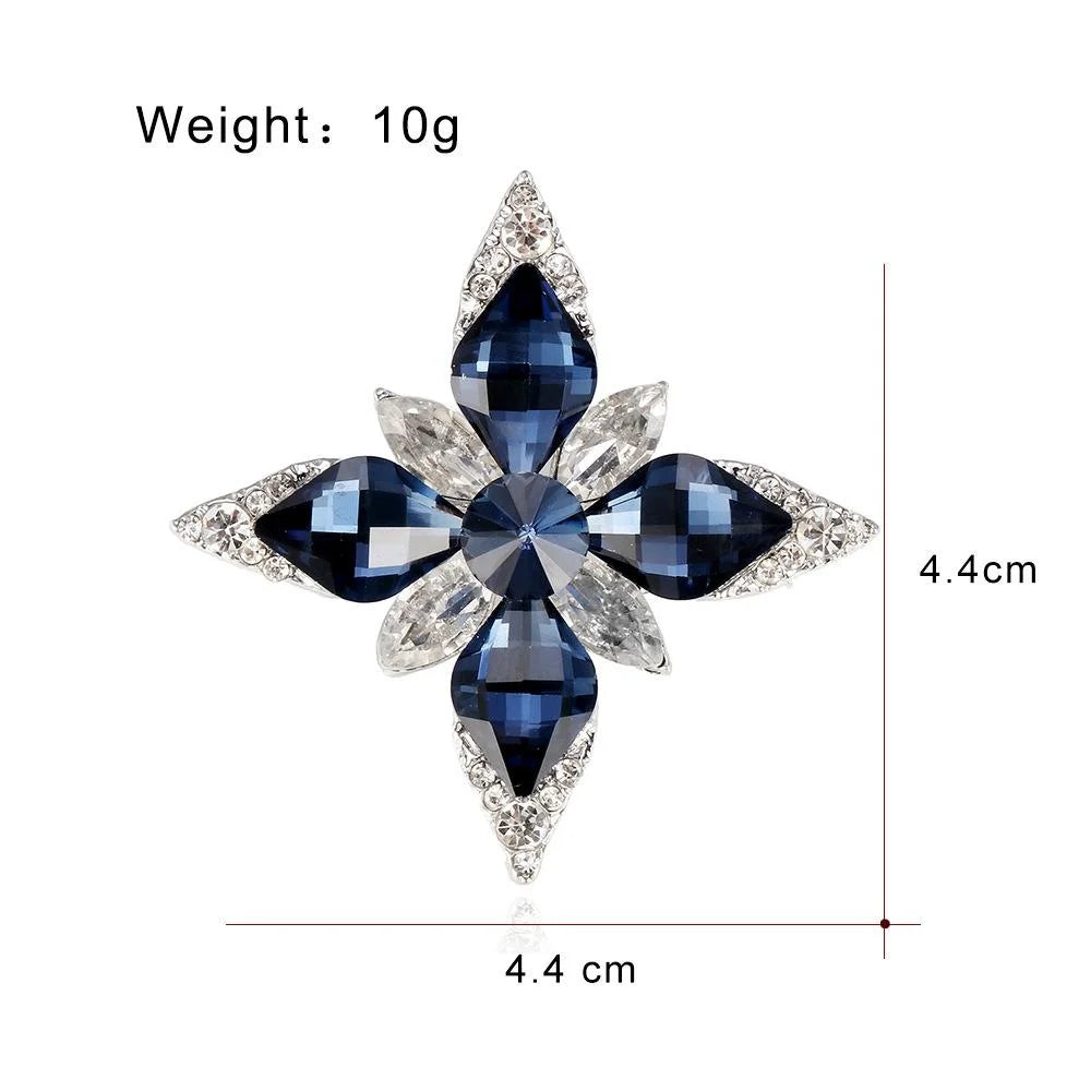 Elegant Eight Point Star Flower Brooch With Blue Rhinestone Crystal Alloy Lapel Pin Corsage Gift