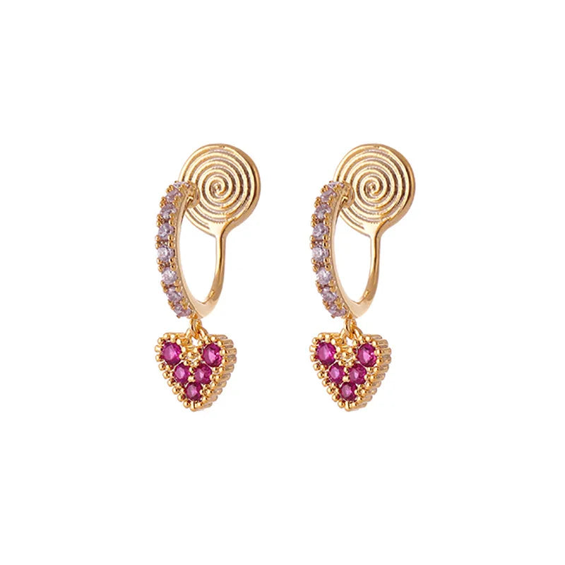 Luxury Red Rhinestone Heart Dangle Stud & Clip On No Piercing Gold Alloy Hoop Ear Cuff Earrings