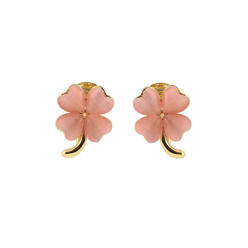 Elegant Pink Cat Eye Clover Alloy Stud & Clip On No Piercing Lucky Four Leaf Flower Earrings