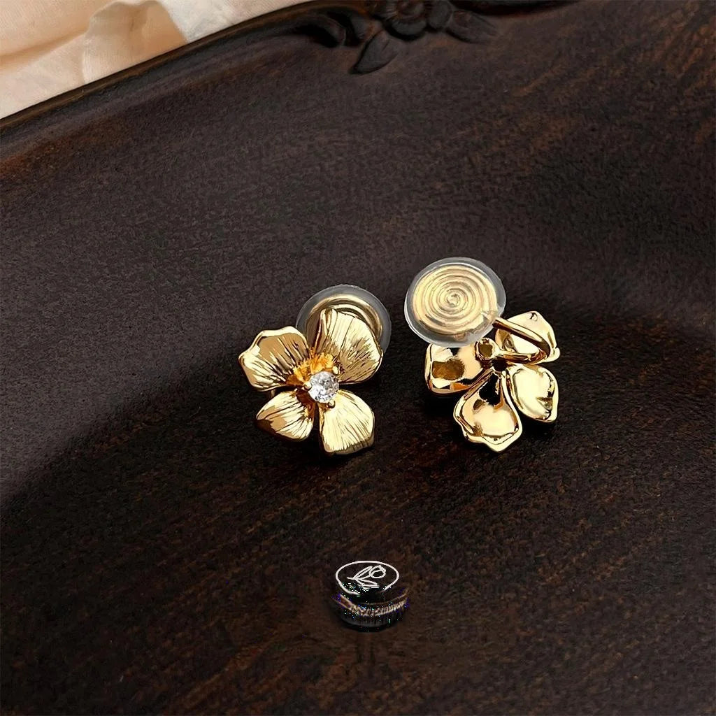 Original Designer 18K Gold Plated Copper Zircon Flower Stud Earrings