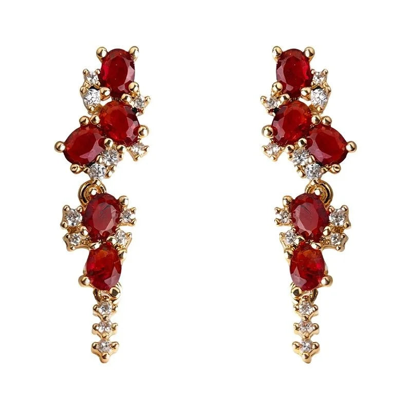 Old Money Burgundy Zircon Wheat Tassel Drop Earrings With Copper Geometric Design