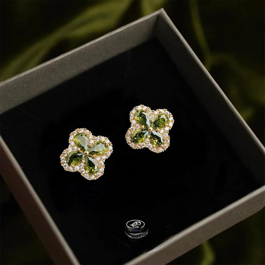 Luxury Micro Pave Zircon Olive Green Flower Petal Silver Plated Stud Earrings For Daily Wear