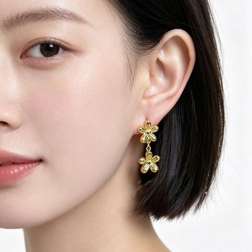 Light Luxury 14K Gold Plated Copper Flower Drop Earrings