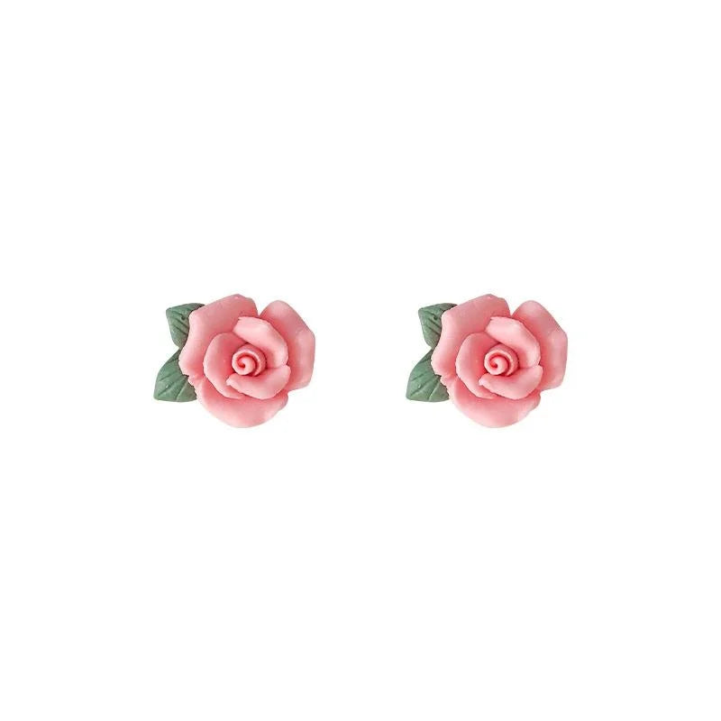Pastoral Style Pink Ceramic Rose Flower Stud Earrings, Oil Painting Inspired Floral Jewelry