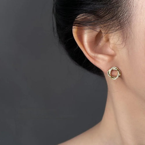 Geometric Zircon Copper Stud Earrings Minimalist Hollow Square Twisted Line Fashion Jewelry