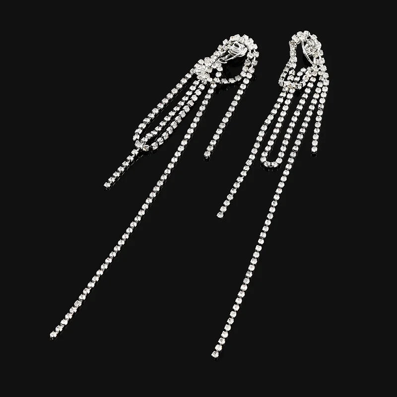 Luxury Long Rhinestone Tassel Swirl Back Drop Stud & Clip On No Piercing Statement Earrings