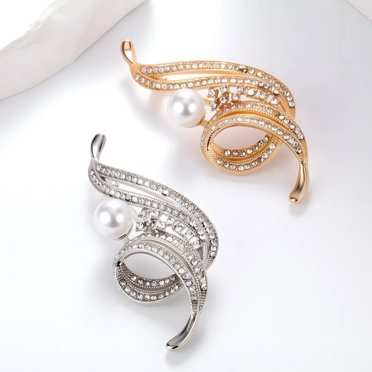 Luxury Rose Gold Swirl Brooch With Rhinestone And Pearl, Elegant Lapel Pin Corsage Suit Accessory