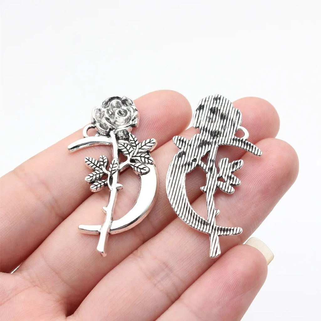 42x22mm 3.3g Antique Silver Zinc Alloy Moon Rose Flower Charm Pendant for DIY Necklace Jewelry
