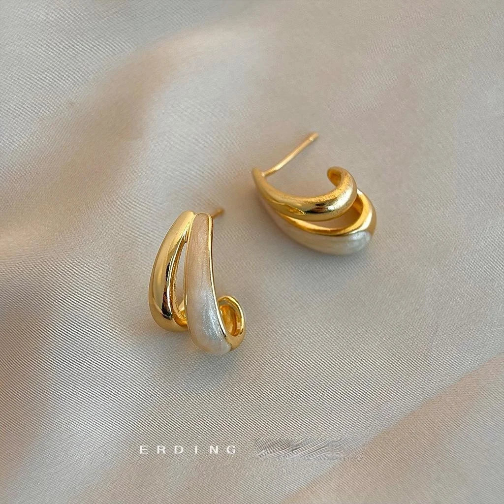 Korean Style Double Layer Geometric Ring Copper Stud Earrings With Enamel Metal Finish