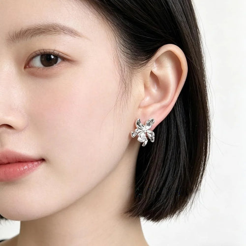 14K Gold Plated Copper Zircon Flower Stud Earrings Irregular Light Luxury Sweet Cool Jewelry