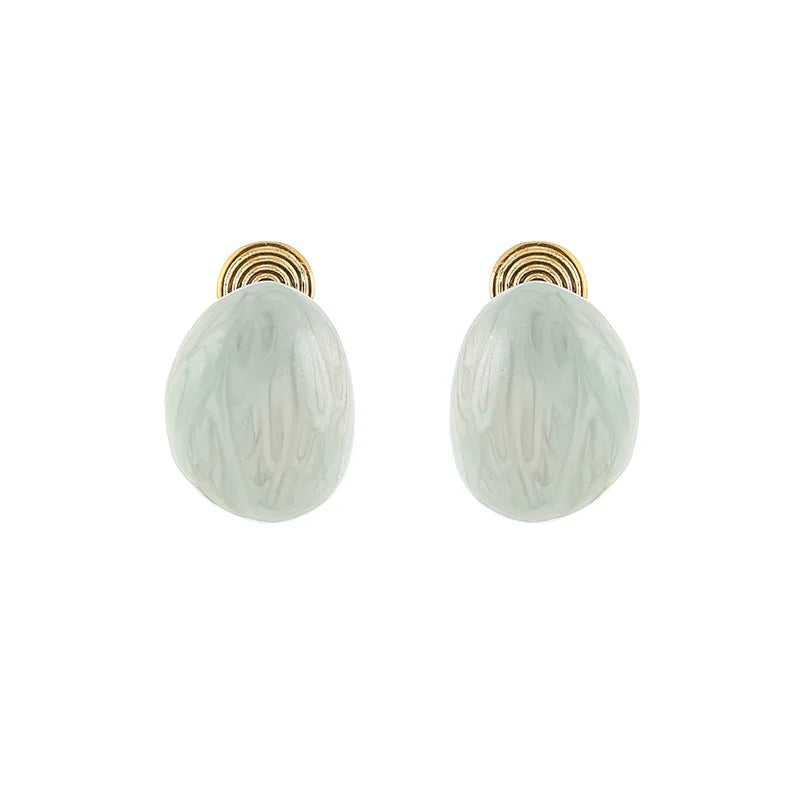 Light Blue Oval Bean Pearlescent Enamel Stud & Clip On No Piercing Elegant Vacation Earrings