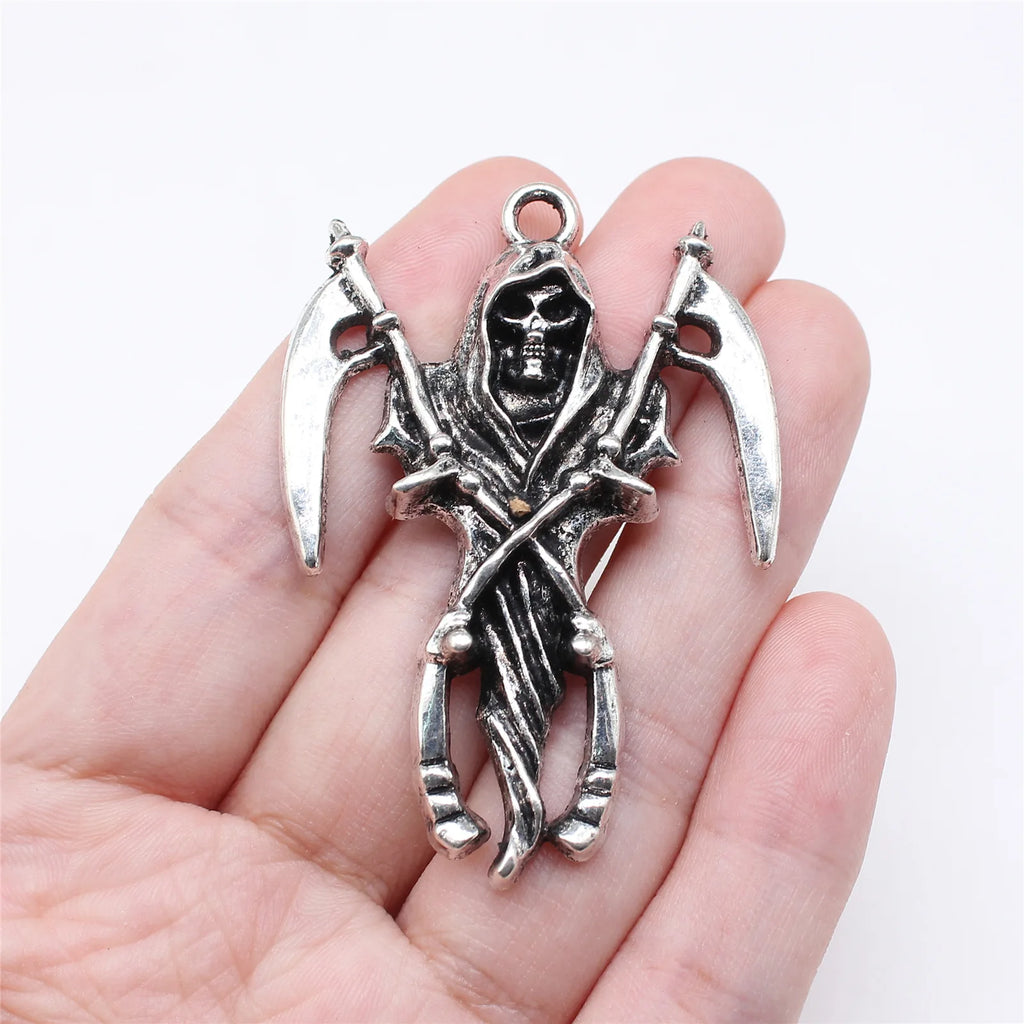 55x39mm 10.9g Antique Silver Zinc Alloy Skull Grim Reaper Scythe Charm Pendant for DIY Gothic Jewelry