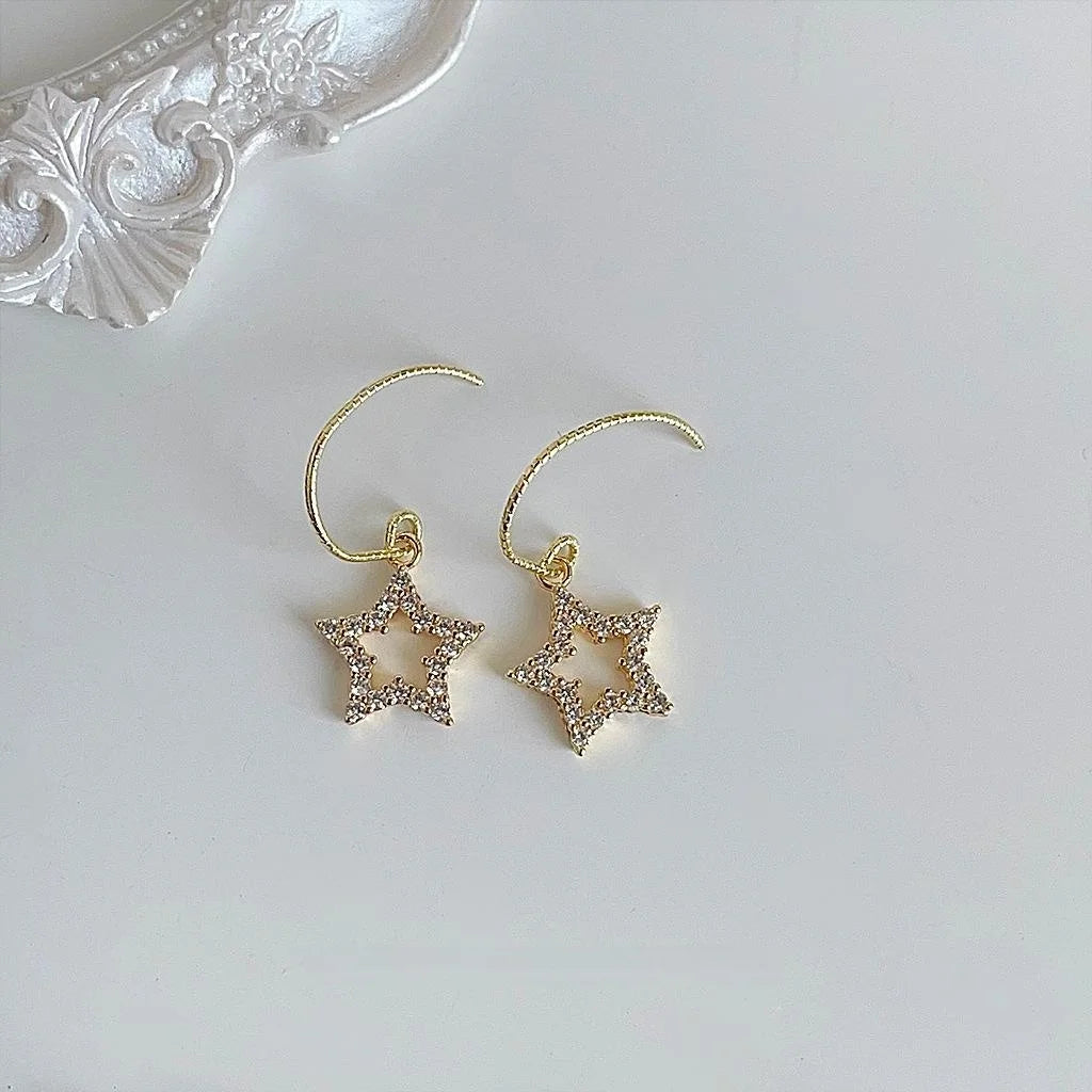 14K Gold Plated Copper Micro Pave Zircon Five Point Star Drop Earrings French Vintage Jewelry