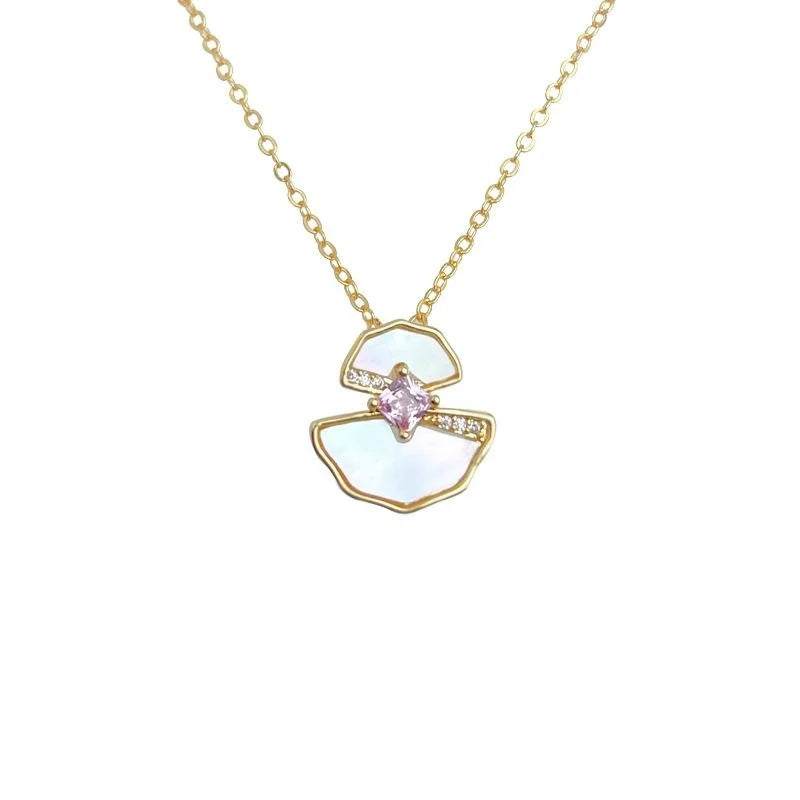 18K Gold Plated Copper Shell Geometric Fan Micro Pave Zircon Sweet Collarbone Necklace
