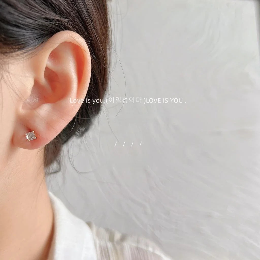 Minimalist Round Zircon Stud Earrings Silver Plated Copper Four Prong Geometric Office Jewelry