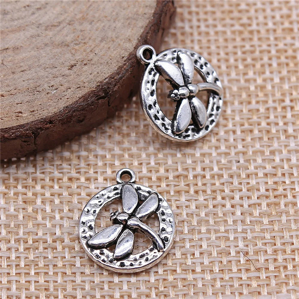 14x17mm 1.3g Antique Silver Zinc Alloy Round Dragonfly Tag Charm Pendant for DIY Jewelry Making