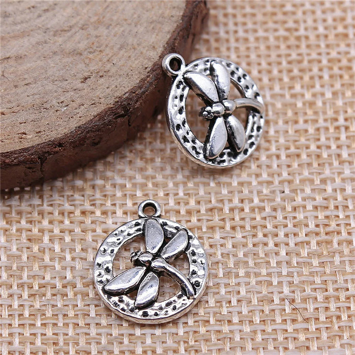 14x17mm 1.3g Antique Silver Zinc Alloy Round Dragonfly Tag Charm Pendant for DIY Jewelry Making