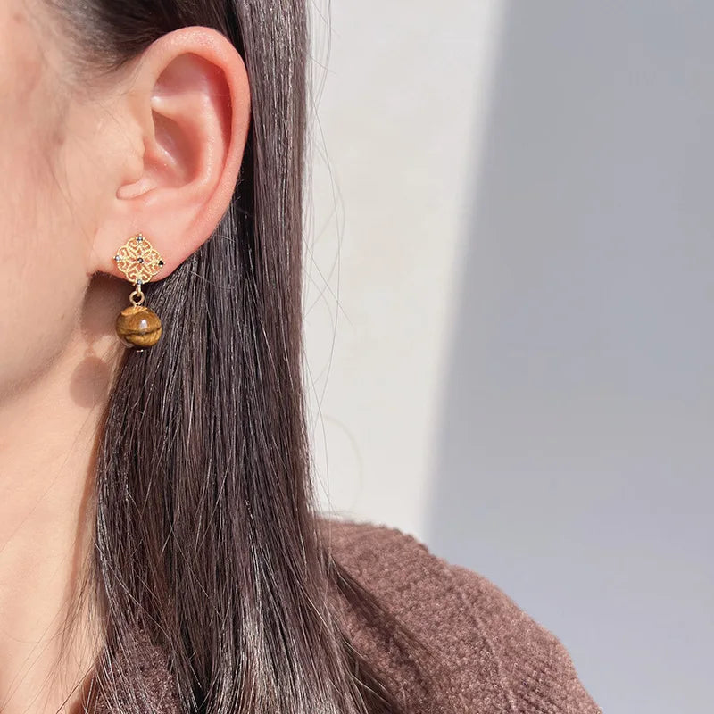 Vintage Luxury Gold Alloy Filigree Disc With Black Rhinestone Tiger Eye Bead Drop Stud & Clip On No Piercing Earrings