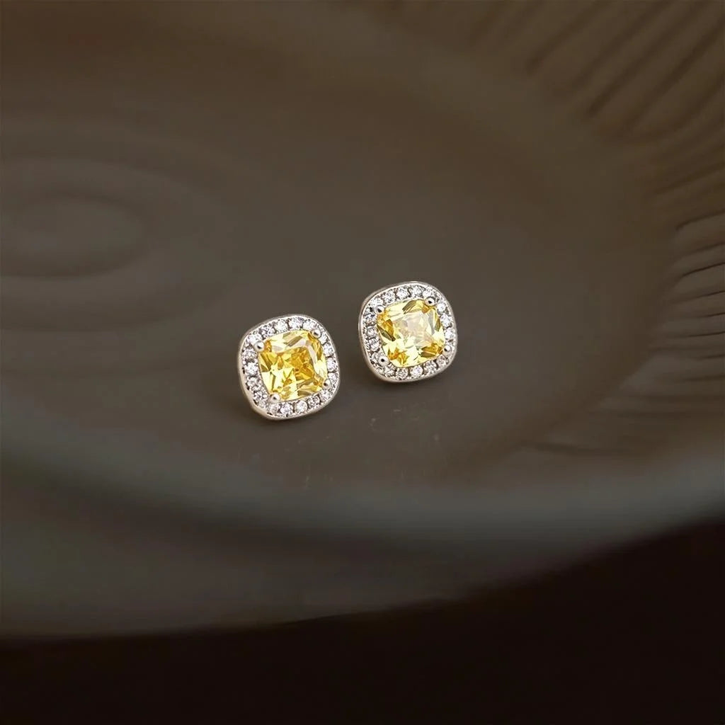 Minimalist Light Luxury Geometric Sugar Cube Yellow Zircon Crystal Copper Stud Earrings