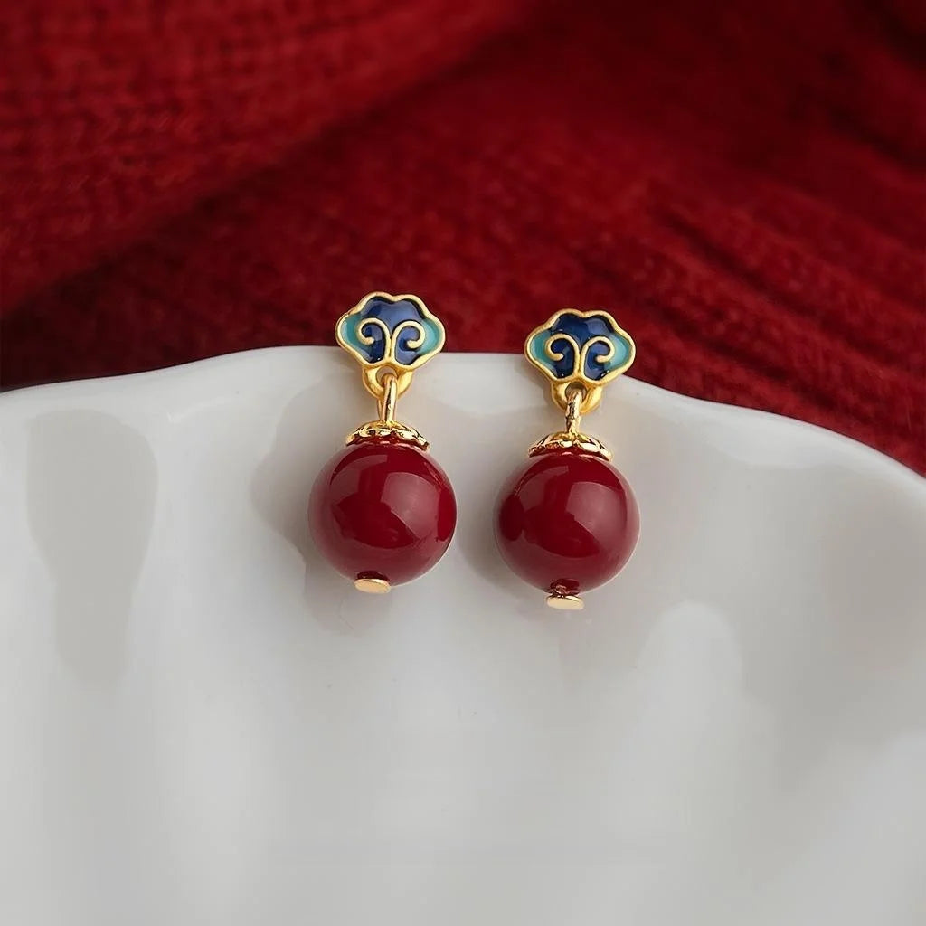 Handmade Vintage Chinese Court Style Red Enamel Glass Pearl Floral Drop Earrings With Auspicious Pattern