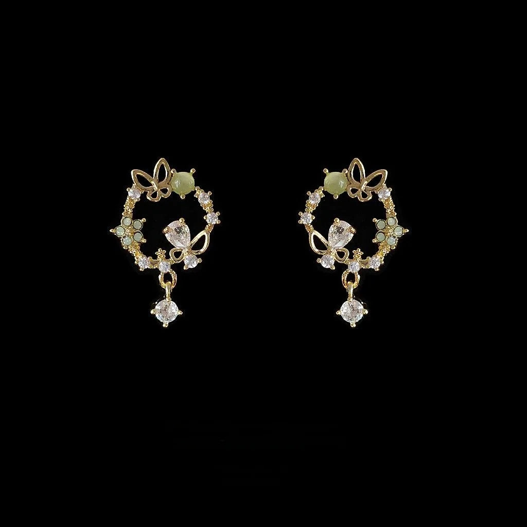 14K Gold Plated Copper Zircon Flower Butterfly Stud Earrings Korean Fairy Forest Style