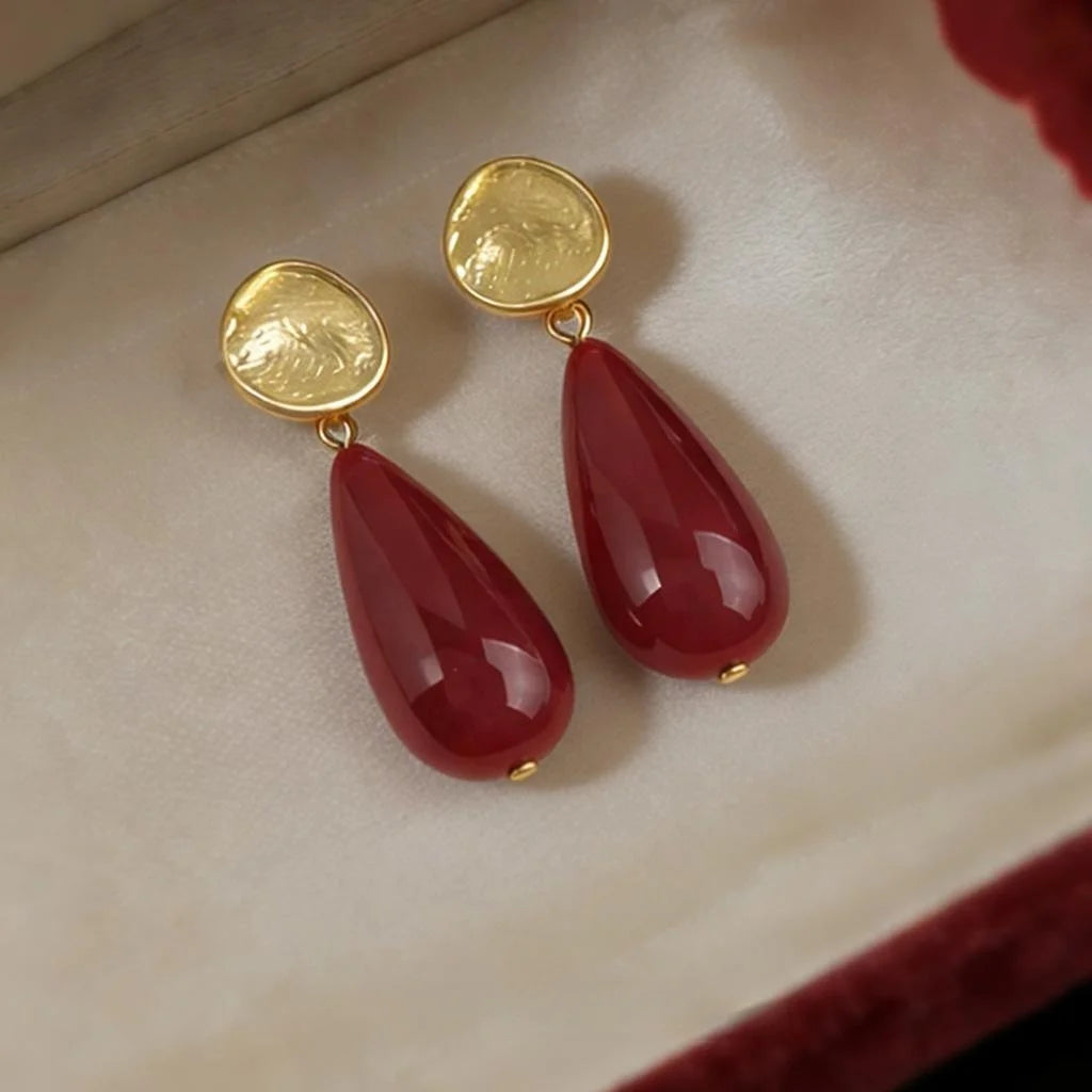Vintage Hong Kong Style Burgundy Resin Teardrop Drop Earrings