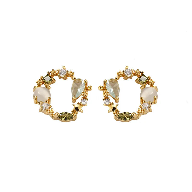 Elegant Green Cat Eye Crystal Wreath Hoop Stud & Clip On No Piercing Gold Alloy Fairy Earrings