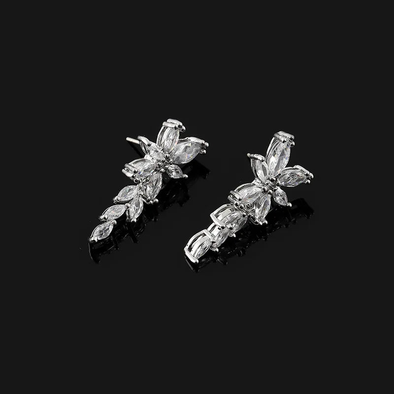 Elegant Zircon Leaf Wheat Flower Stud & Clip On No Piercing Bridal Dangle Earrings