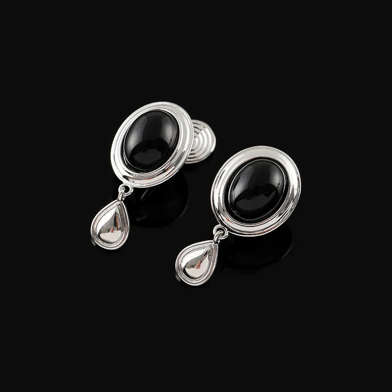 Vintage Oval Black Cabochon Alloy Teardrop Dangle Stud & Clip On No Piercing Women's Earrings