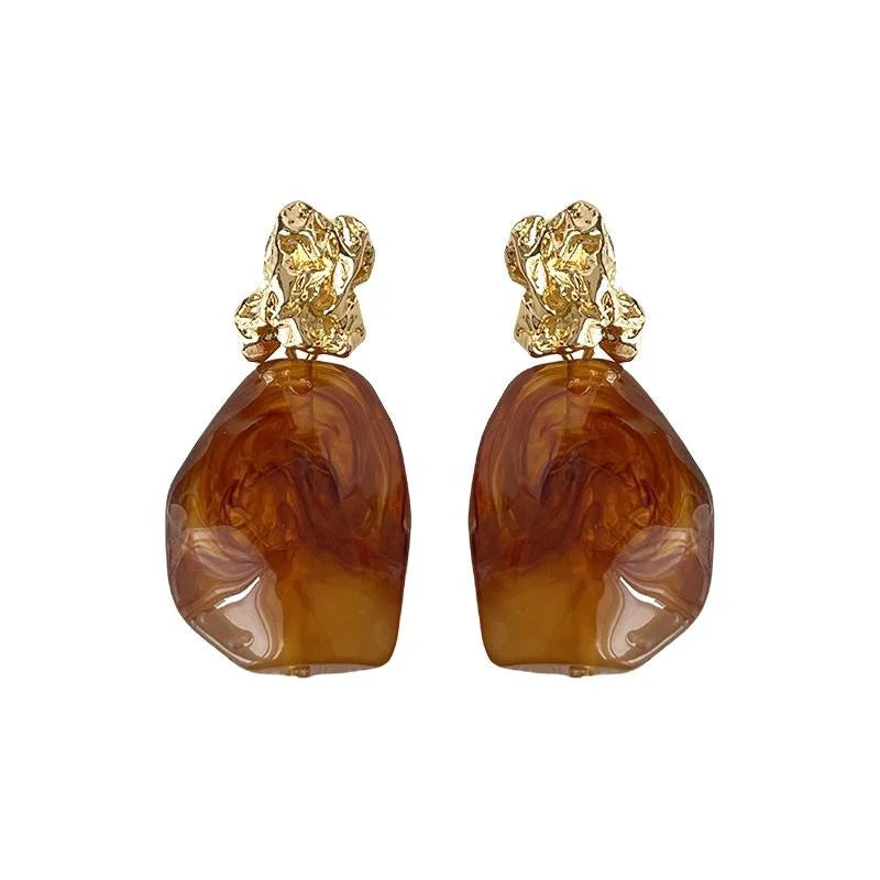 14K Plated Copper Amber Resin Geometric Irregular Drop Earrings For Fashion OL Style
