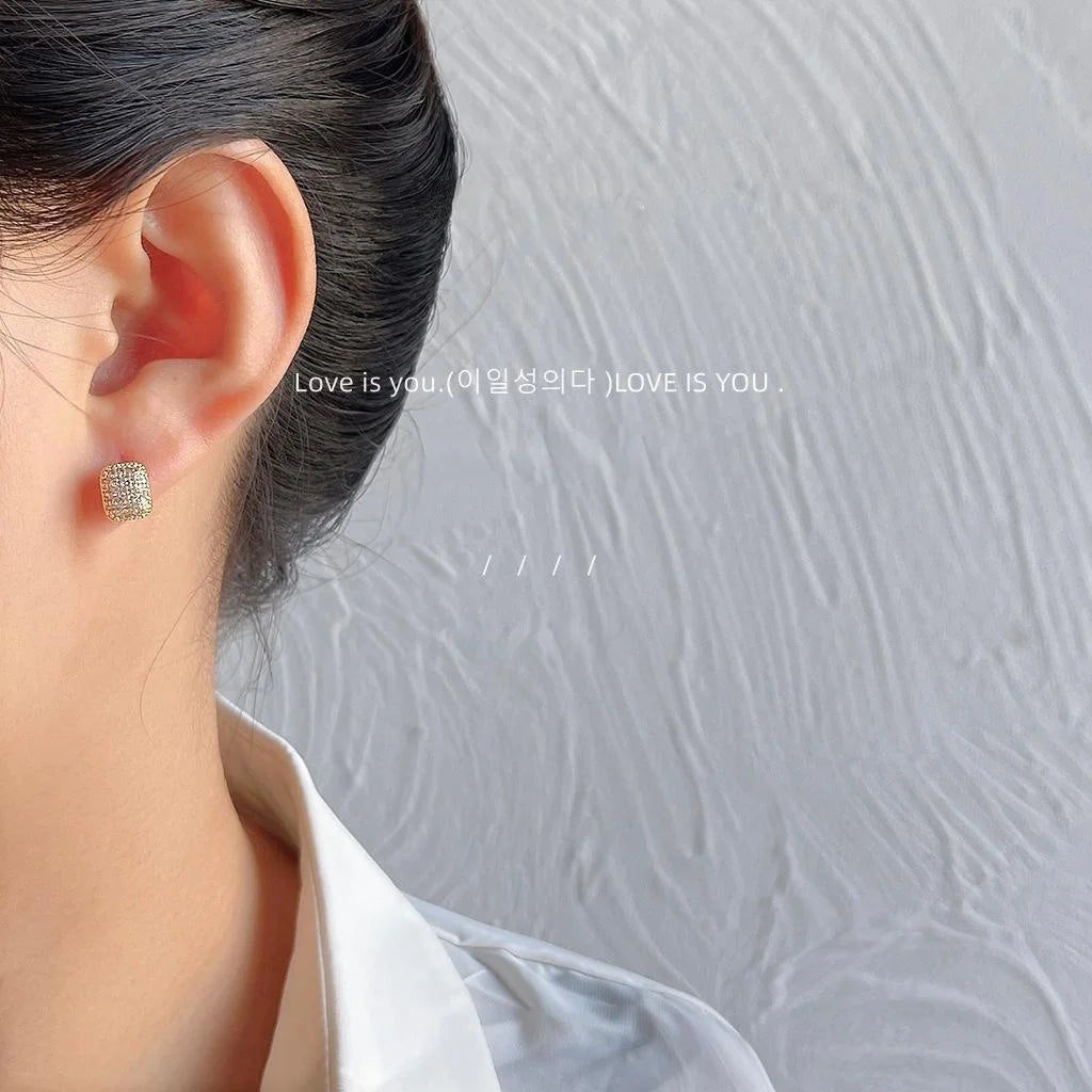 14K Gold Plated Copper Geometric Rectangle Micro Pave Zircon Stud Earrings Minimalist Luxury