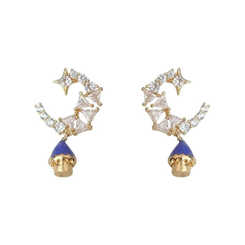 Niche Designer 14K Plated Copper Zircon Moon Castle Star Geometric Drop Earrings